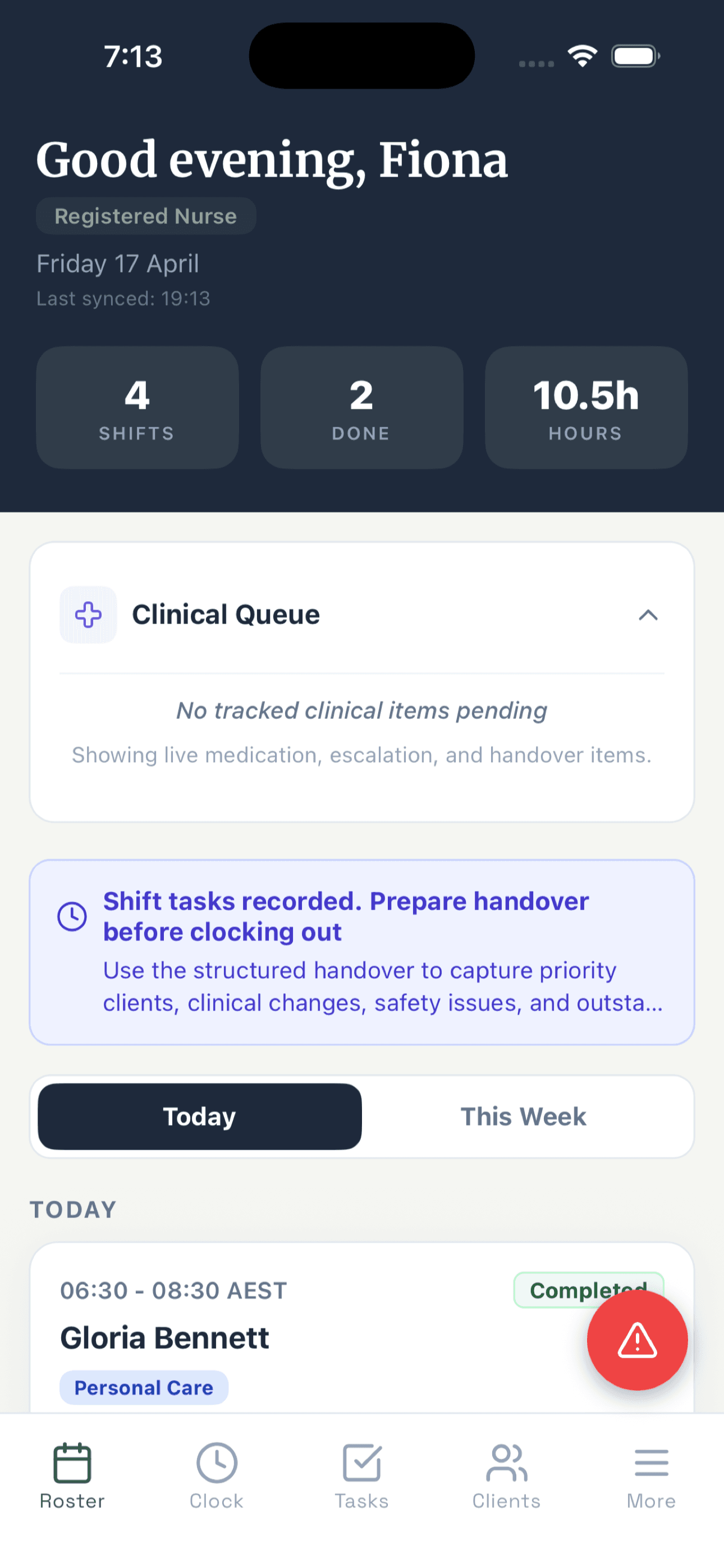 Care worker app home roster screen showing today's shifts