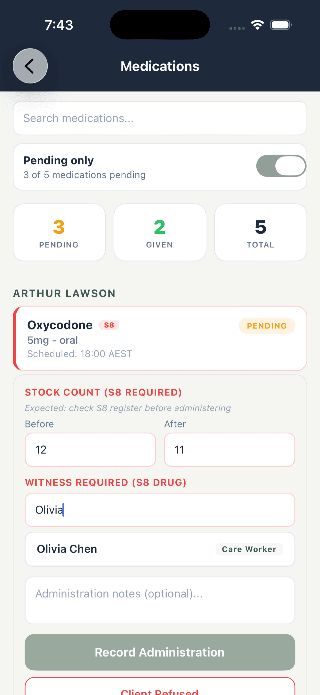 Medication administration screen on the Statura Care worker app