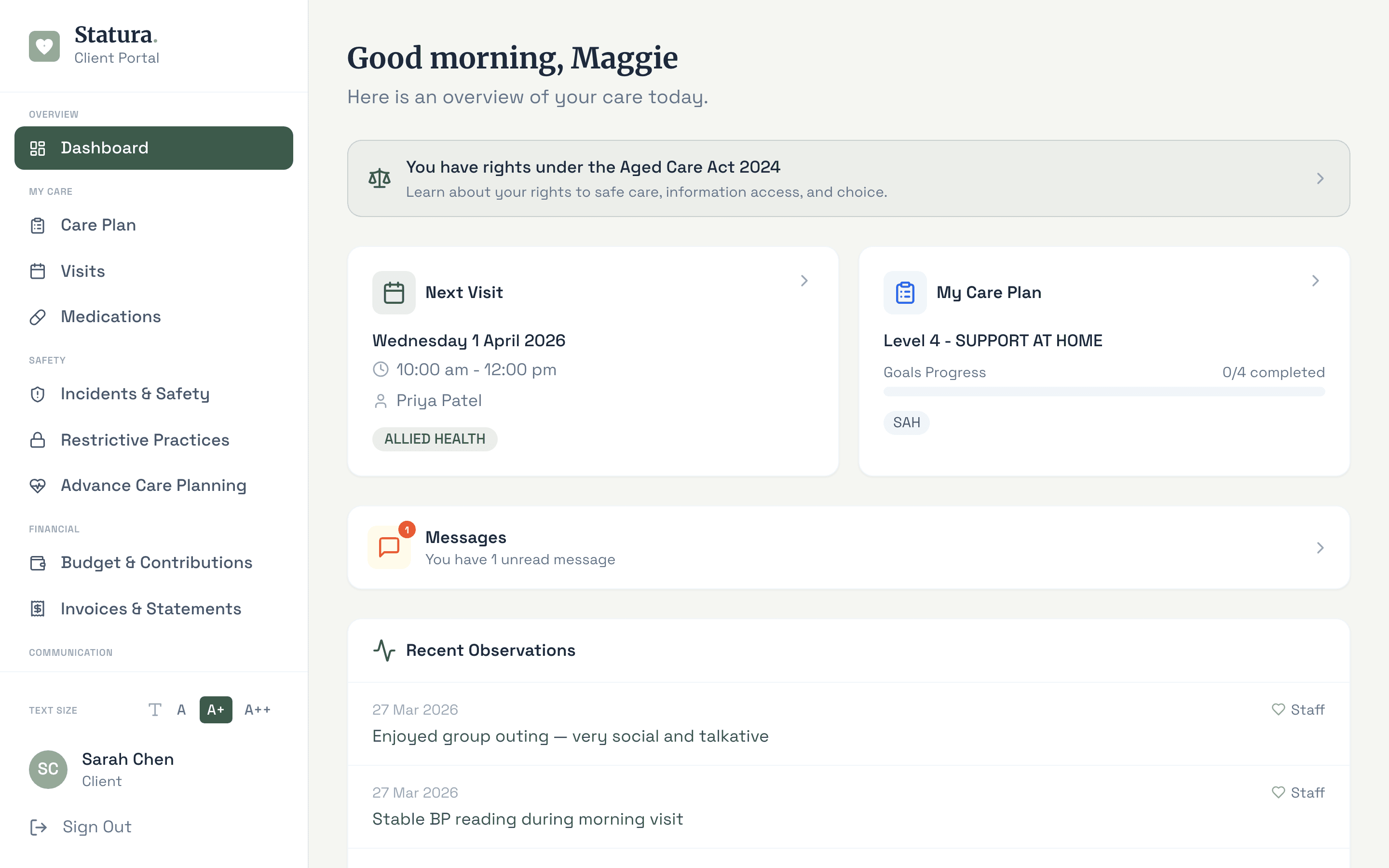 Statura Care Family & Carer Portal showing personalised dashboard with next visit, care plan progress, messages, and recent observations
