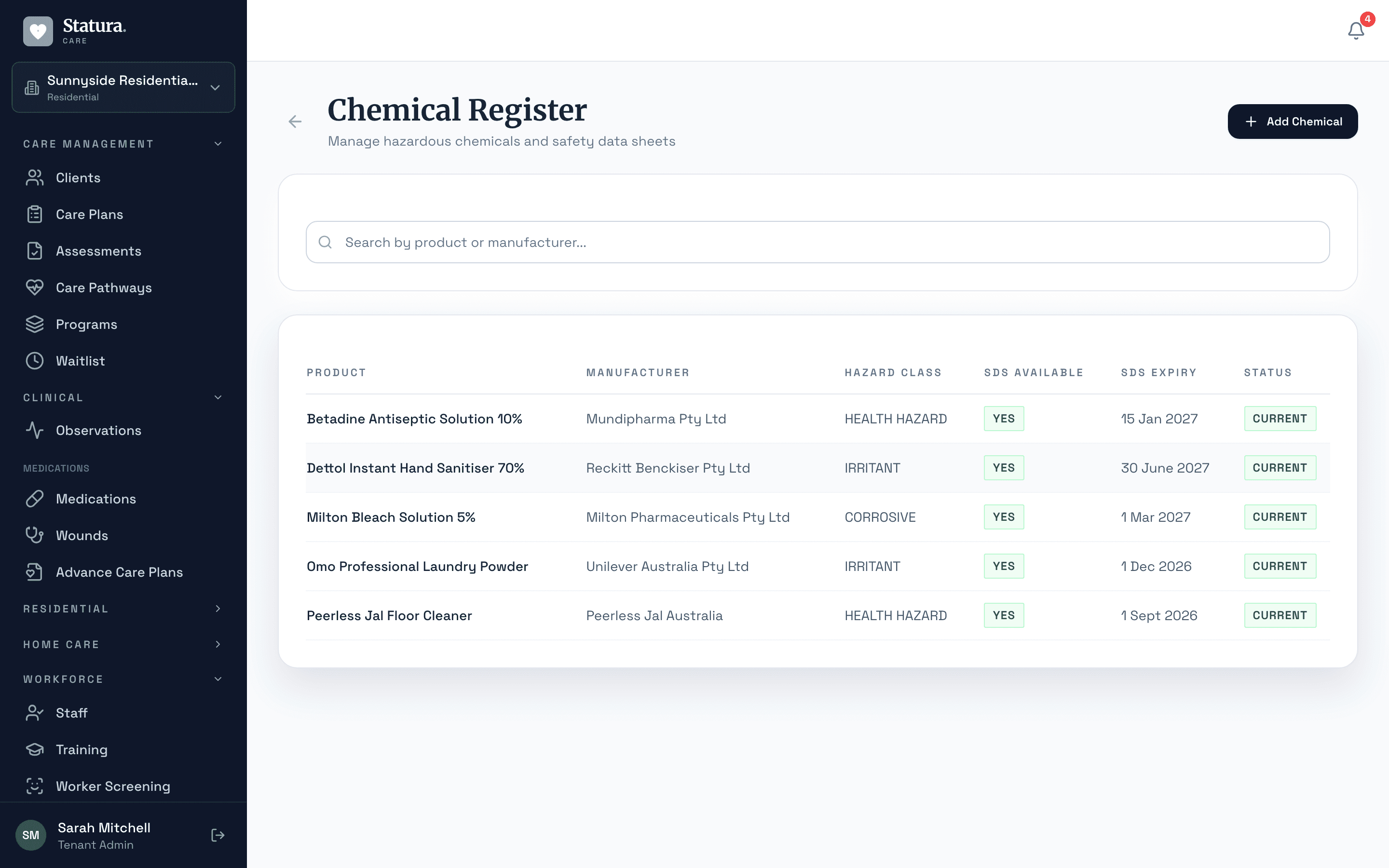Chemical register with manufacturers, GHS hazard classes, SDS availability, and expiry tracking
